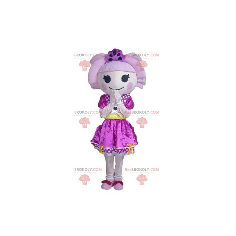 Mascotte de fillette avec des cheveux et une robe violette -