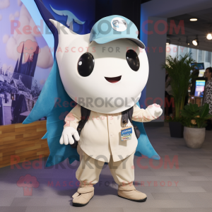 Cream Manta Ray mascot costume character dressed with Dungarees and Beanies