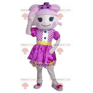Mascotte de fillette avec des cheveux et une robe violette -