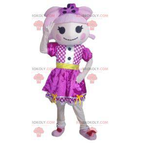 Mascotte de fillette avec des cheveux et une robe violette -