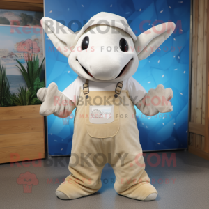 Cream Manta Ray mascot costume character dressed with Dungarees and Beanies