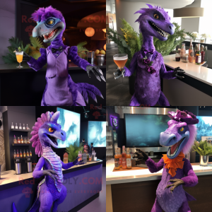 Purple Utahraptor mascot costume character dressed with Cocktail Dress and Hairpins