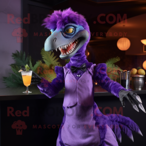 Purple Utahraptor mascot costume character dressed with Cocktail Dress and Hairpins