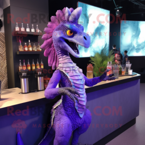 Purple Utahraptor mascot costume character dressed with Cocktail Dress and Hairpins