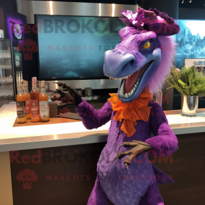 Purple Utahraptor mascot costume character dressed with Cocktail Dress and Hairpins