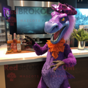 Purple Utahraptor mascot costume character dressed with Cocktail Dress and Hairpins