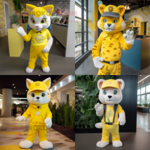 Lemon Yellow Bobcat mascot costume character dressed with Playsuit and Berets