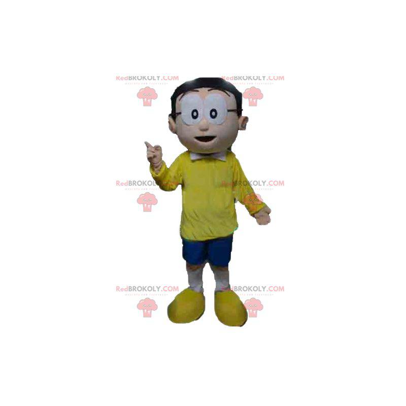 Mascot man with glasses and a yellow and blue outfit -