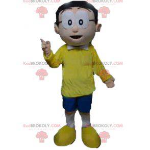 Mascot man with glasses and a yellow and blue outfit -