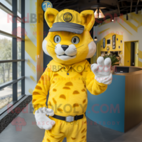Lemon Yellow Bobcat mascot costume character dressed with Playsuit and Berets
