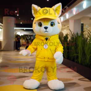 Lemon Yellow Bobcat mascot costume character dressed with Playsuit and Berets