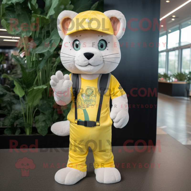 Lemon Yellow Bobcat mascot costume character dressed with Playsuit and Berets Lemon Yellow Bobcat mascot costume character dressed with Playsuit and Berets