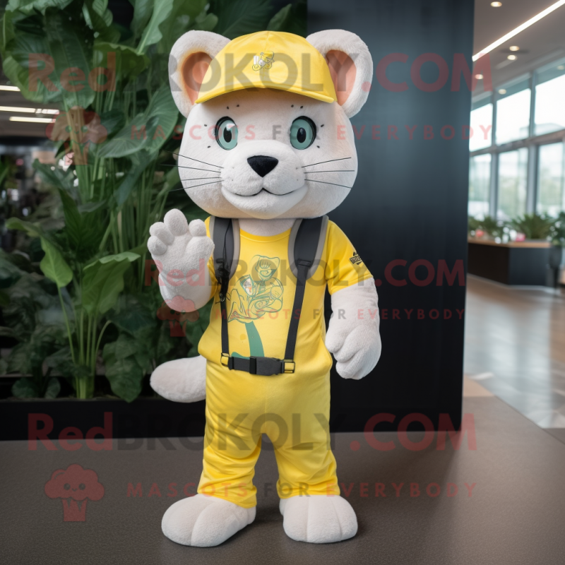 Lemon Yellow Bobcat mascot costume character dressed with Playsuit and Berets