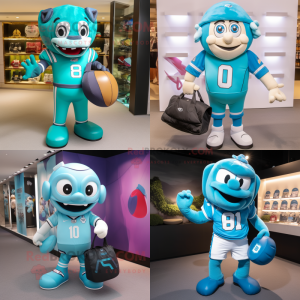 Cyan American football helmet mascot costume character dressed with Rugby Shirt and Handbags