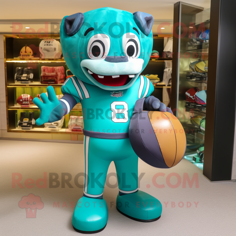 Cyan American football helmet mascot costume character dressed with Rugby Shirt and Handbags