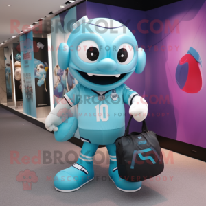 Cyan American football helmet mascot costume character dressed with Rugby Shirt and Handbags