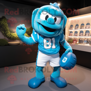 Cyan American football helmet mascot costume character dressed with Rugby Shirt and Handbags