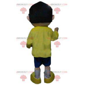 Mascot man with glasses and a yellow and blue outfit -