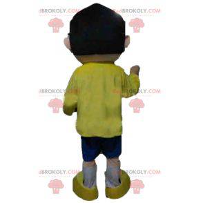 Maskottchenmann mit Brille und gelbem und blauem Outfit -