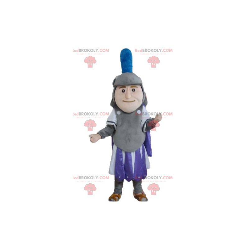 Mascote do cavaleiro em traje roxo e cinza branco -