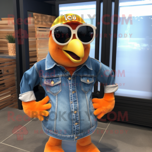 Orange Gull mascot costume character dressed with Denim Shirt and Sunglasses