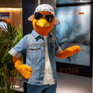 Orange Gull mascot costume character dressed with Denim Shirt and Sunglasses