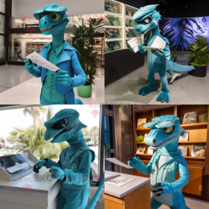 Cyan Velociraptor mascot costume character dressed with Jumpsuit and Reading glasses