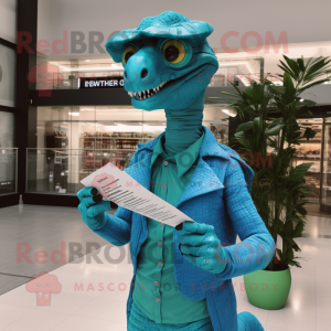 Cyan Velociraptor mascot costume character dressed with Jumpsuit and Reading glasses