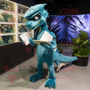 Cyan Velociraptor mascot costume character dressed with Jumpsuit and Reading glasses