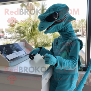 Cyan Velociraptor mascot costume character dressed with Jumpsuit and Reading glasses