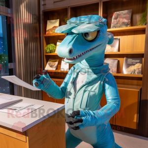 Cyan Velociraptor mascot costume character dressed with Jumpsuit and Reading glasses