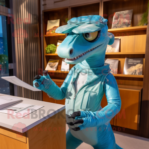 Cyan Velociraptor maskot...