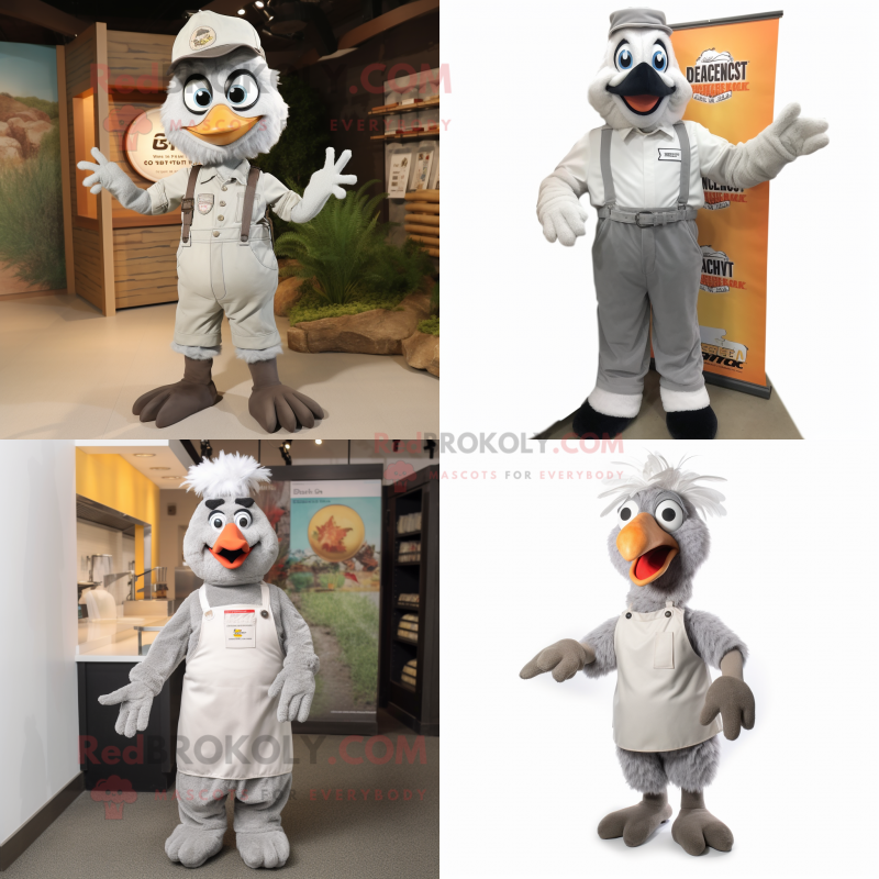 Gray Butter Chicken mascot costume character dressed with Overalls and Shoe clips