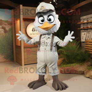 Gray Butter Chicken mascot costume character dressed with Overalls and Shoe clips