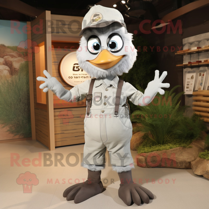 Gray Butter Chicken mascot costume character dressed with Overalls and Shoe clips