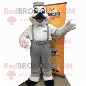 Gray Butter Chicken mascot costume character dressed with Overalls and Shoe clips