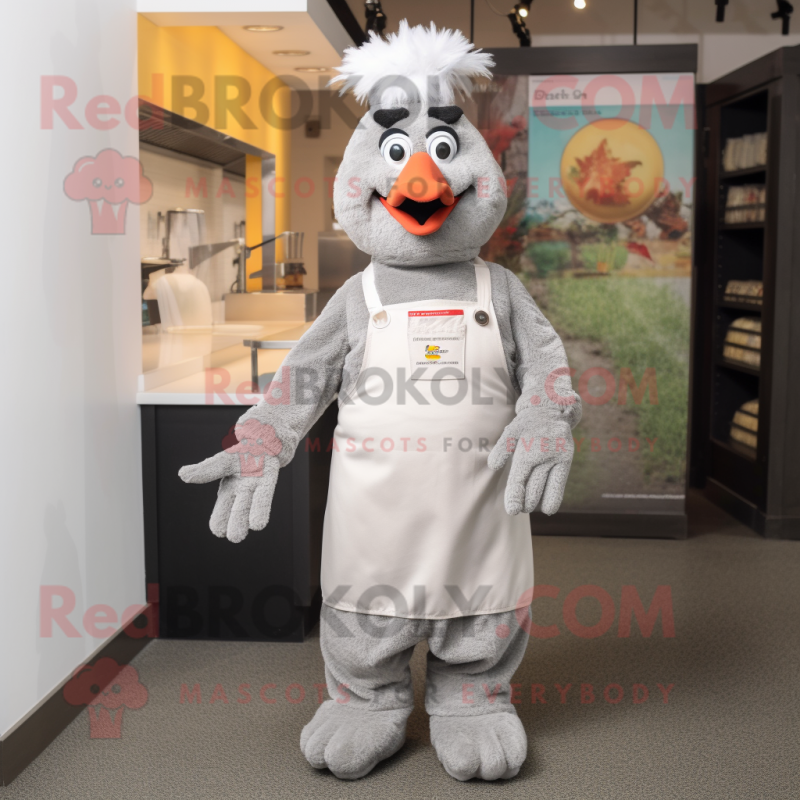 Gray Butter Chicken mascot costume character dressed with Overalls and Shoe clips