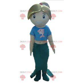 Mascota de sirena rubia azul y verde - Redbrokoly.com