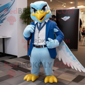 Sky Blue Hawk mascot costume character dressed with Blazer and Belts