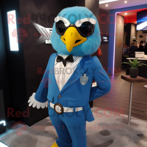 Sky Blue Hawk mascot costume character dressed with Blazer and Belts