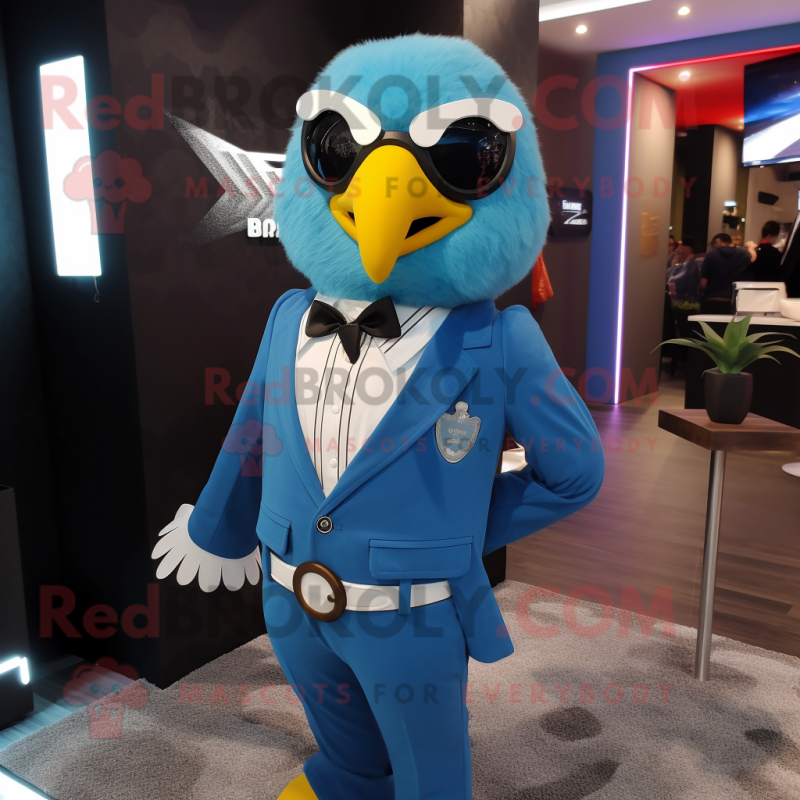 Sky Blue Hawk mascot costume character dressed with Blazer and Belts Sky Blue Hawk mascot costume character dressed with Blazer and Belts