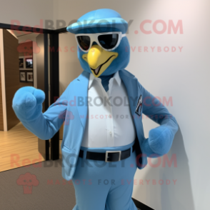 Sky Blue Hawk mascot costume character dressed with Blazer and Belts