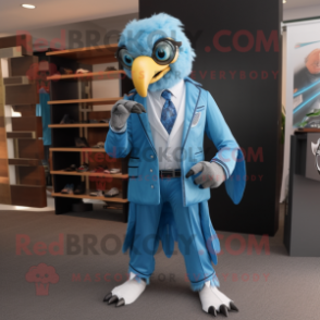 Sky Blue Hawk mascot costume character dressed with Blazer and Belts