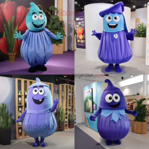 Blue Eggplant mascot costume character dressed with Pleated Skirt and Suspenders