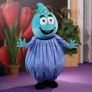 Blue Eggplant mascot costume character dressed with Pleated Skirt and Suspenders
