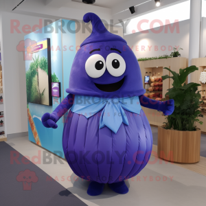 Blue Eggplant mascot costume character dressed with Pleated Skirt and Suspenders