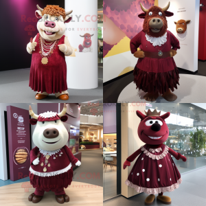 Maroon Beef Wellington mascot costume character dressed with Skirt and Necklaces