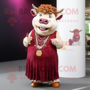 Maroon Beef Wellington mascot costume character dressed with Skirt and Necklaces