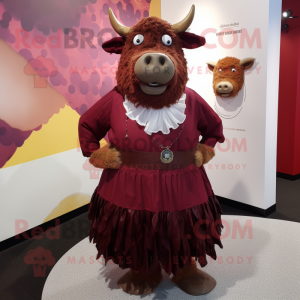 Maroon Beef Wellington mascot costume character dressed with Skirt and Necklaces