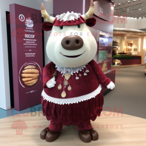 Maroon Beef Wellington mascot costume character dressed with Skirt and Necklaces